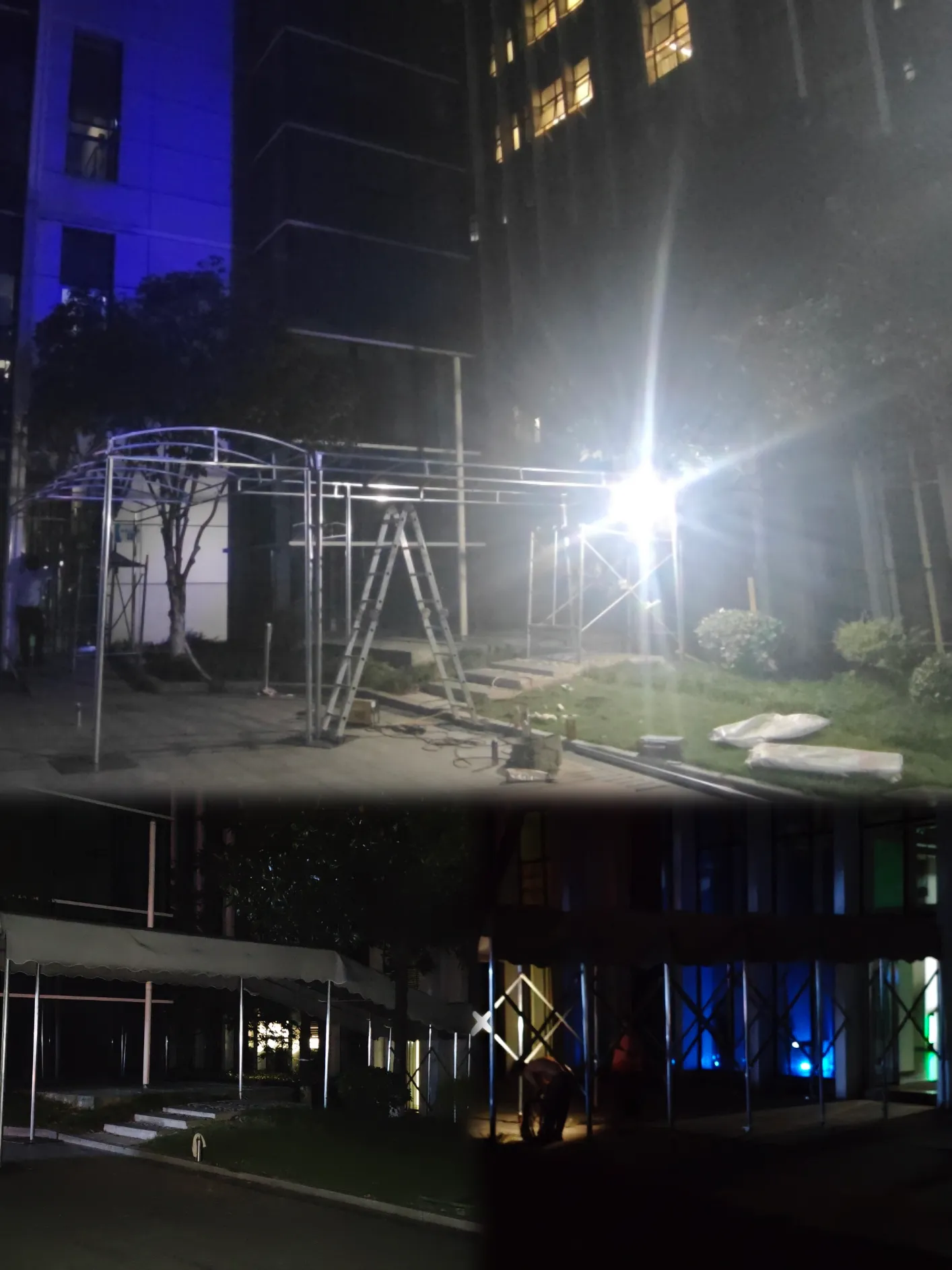 两江新区夜间施工｜可拆卸雨棚与推拉伸缩蓬圆满完工_萌酷广告钢结构 -工作记录